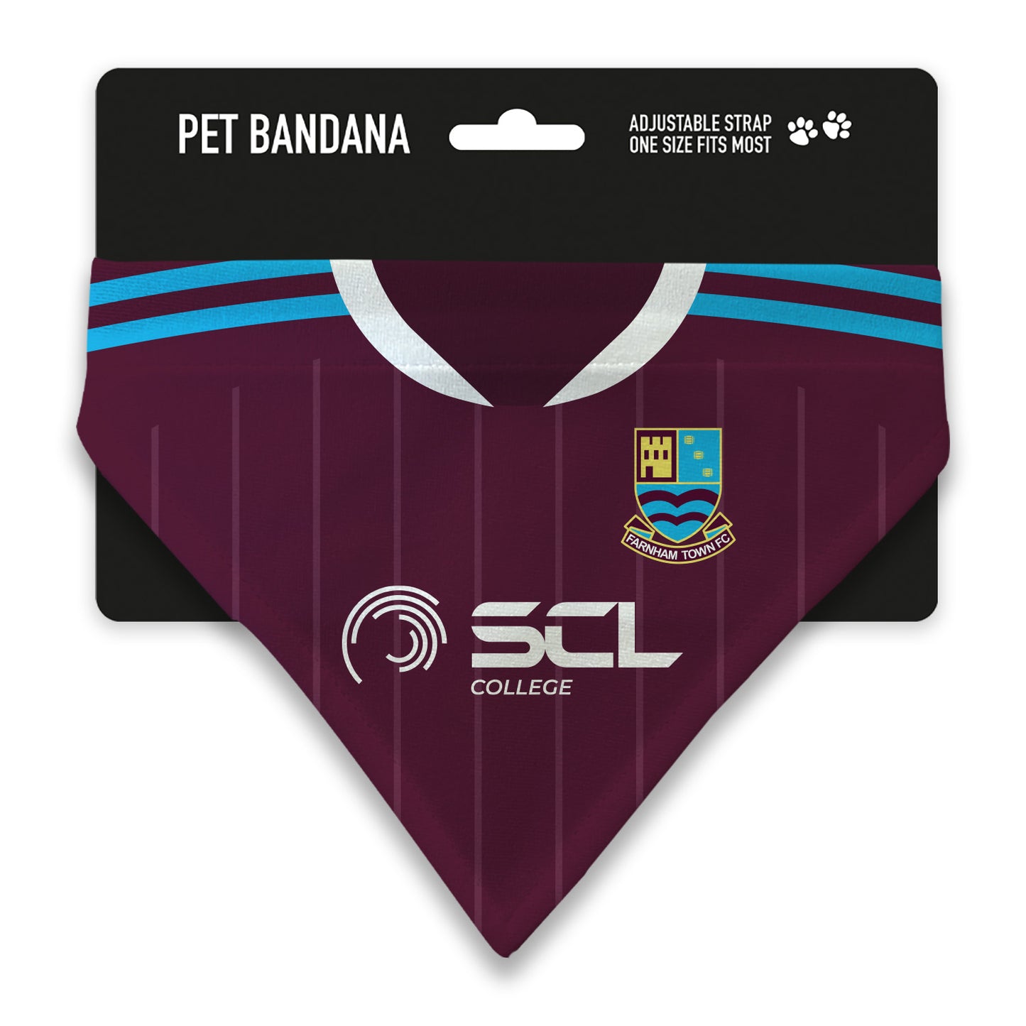 A pet bandana styled like a maroon sports jersey with light blue stripes, a white collar, and a crest, attached to a black retail header card labeled 'PET BANDANA'.
