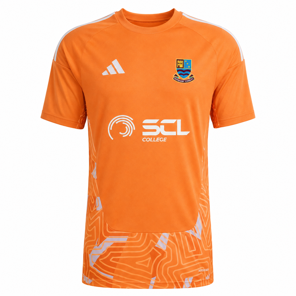 An orange short-sleeve soccer jersey with white stripes on the shoulders, featuring the Adidas logo, Wigan Athletic crest, SCL College sponsor logo, and a white geometric pattern on the lower half, shown against a plain white background.