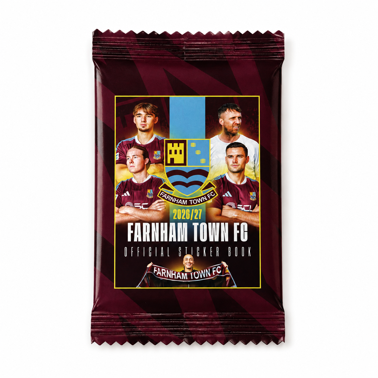 A sealed Farnham Town FC official sticker book pack on a plain white background. The pack is dark burgundy with diagonal tonal stripes and a central printed graphic showing four football players, the club crest, and the text 'FARNHAM TOWN FC' and 'OFFICIAL STICKER BOOK'.